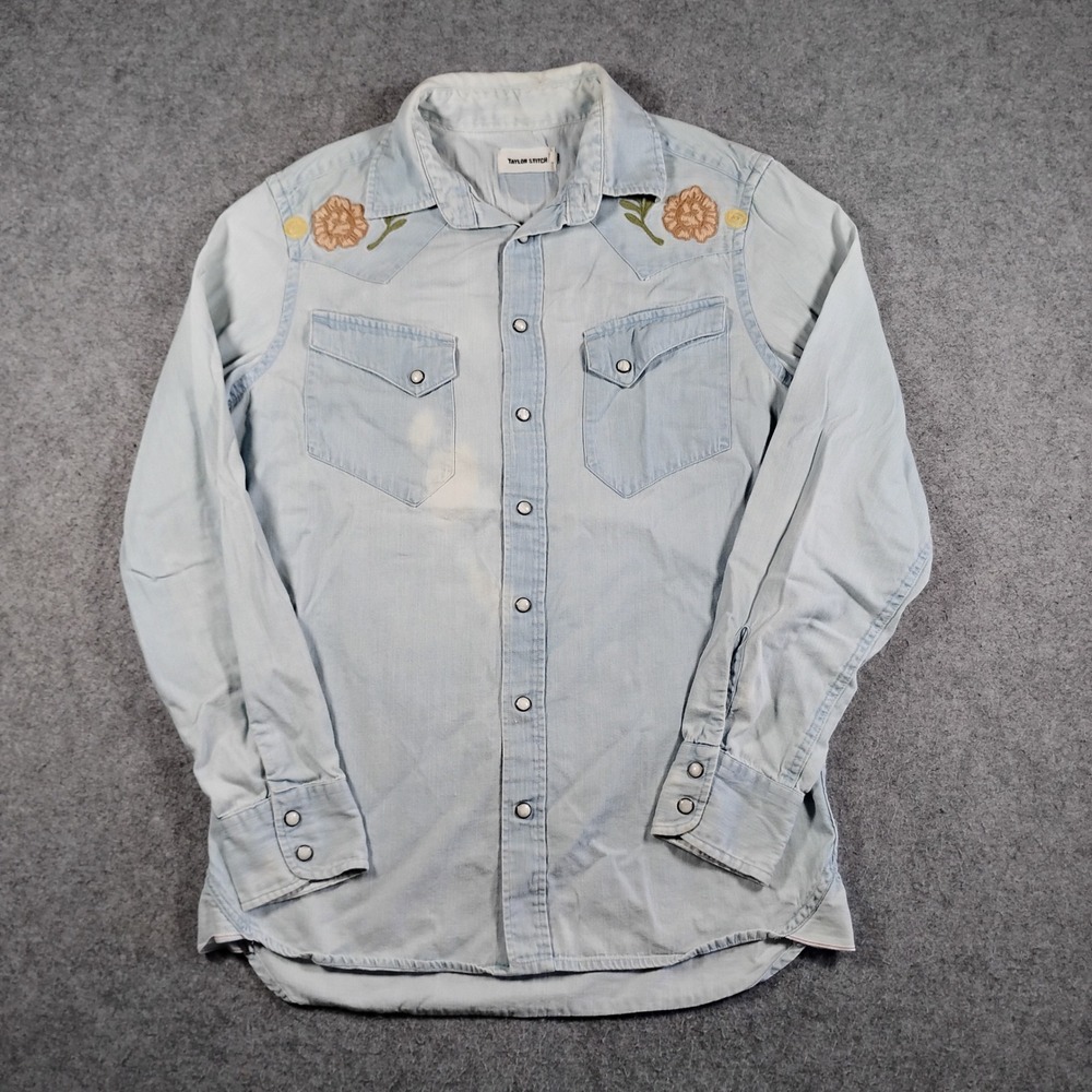 Taylor Stitch Embroidered Western Shirt Mens 36 S Blue Denim Flower Pearl Snap